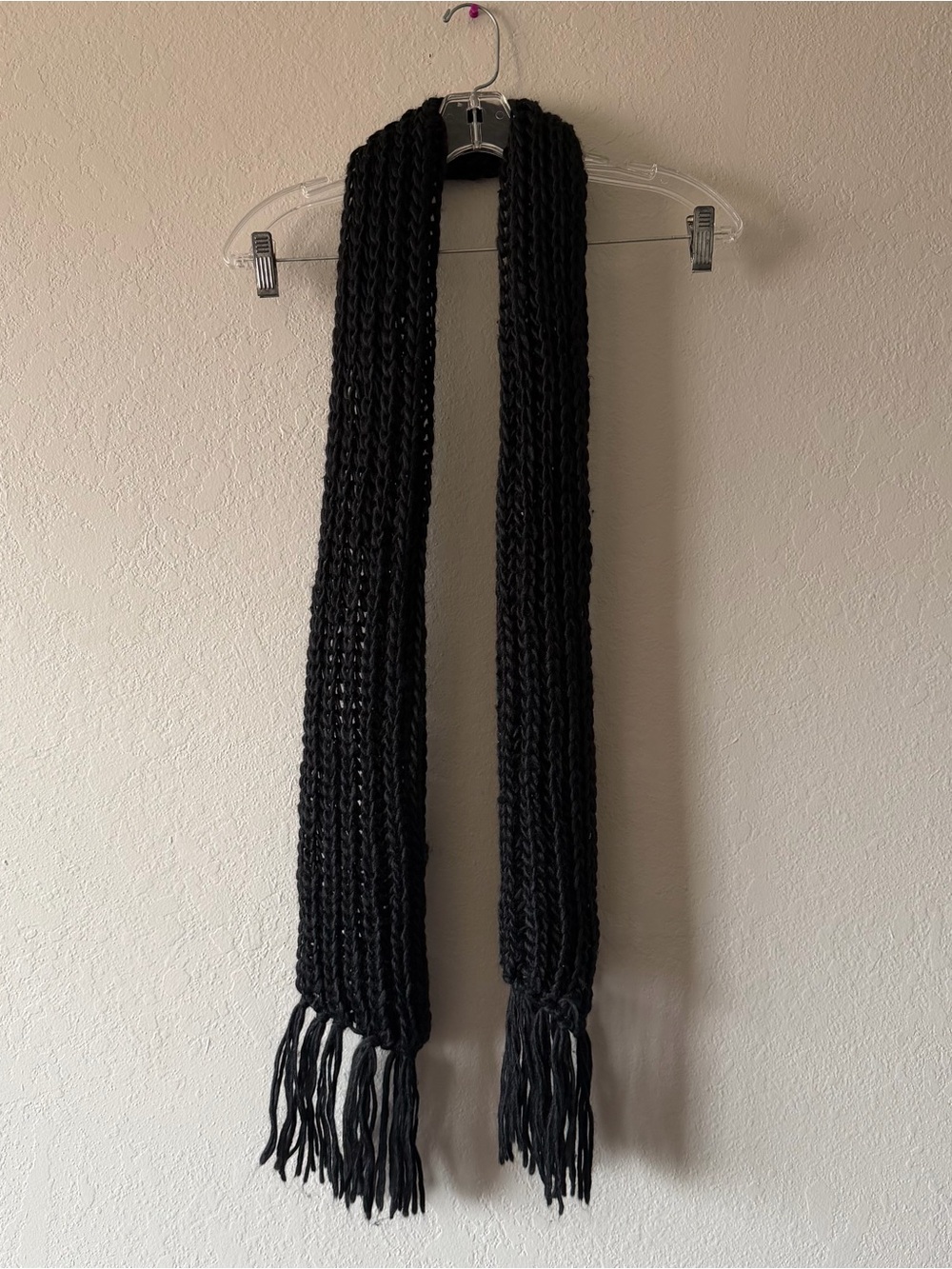 Black Handmade Fringe Ends Crochet Loose Knit Scarf